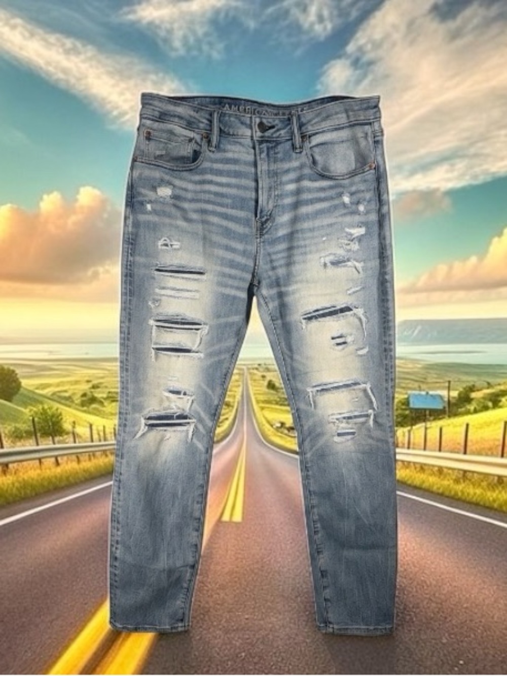 American Eagle Outfitters Light Wash Distressed Slim Straight Jeans